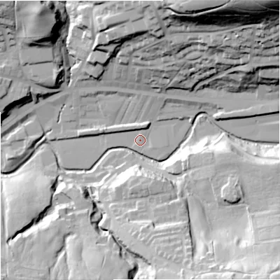 Shaded relief map of the ground around OL130EX, computed from Environment Agency LiDAR. The ground here sits at about 224 m above sea level and falls 75 m across the surrounding 800 m. Surface water reaching this point runs off ground lying to the south-east, 1.6 m higher.