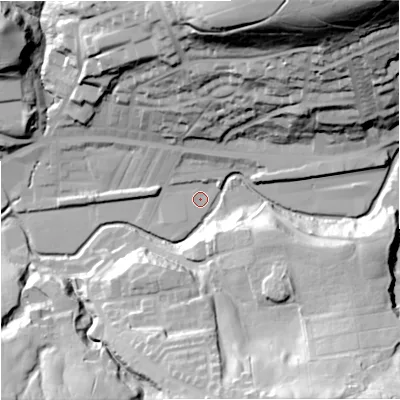 Shaded relief map of the ground around OL130EZ, computed from Environment Agency LiDAR. The ground here sits at about 224 m above sea level and falls 76 m across the surrounding 800 m. Surface water reaching this point runs off ground lying to the north-north-east, 70.9 m higher.