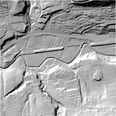 Shaded relief map of the ground around OL130HB, computed from Environment Agency LiDAR. The ground here sits at about 225 m above sea level and falls 69 m across the surrounding 800 m. Surface water reaching this point runs off ground lying to the north-east, 64.4 m higher.