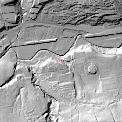 Shaded relief map of the ground around OL130HD, computed from Environment Agency LiDAR. The ground here sits at about 230 m above sea level and falls 77 m across the surrounding 800 m. Surface water reaching this point runs off ground lying to the south-east, 70.5 m higher.