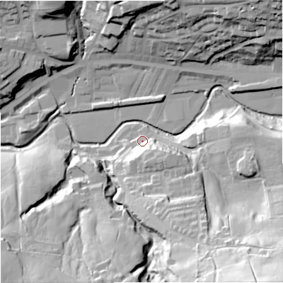 Shaded relief map of the ground around OL130HF, computed from Environment Agency LiDAR. The ground here sits at about 227 m above sea level and falls 75 m across the surrounding 800 m. Surface water reaching this point runs off ground lying to the south-south-east, 16.4 m higher.