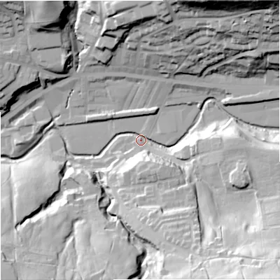 Shaded relief map of the ground around OL130HG, computed from Environment Agency LiDAR. The ground here sits at about 226 m above sea level and falls 65 m across the surrounding 800 m. Surface water reaching this point runs off ground lying to the south-east, 61.2 m higher.
