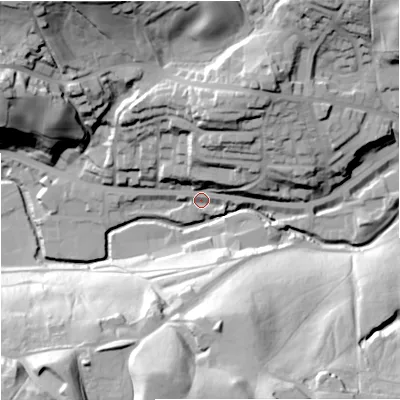 Shaded relief map of the ground around OL130LD, computed from Environment Agency LiDAR. The ground here sits at about 218 m above sea level and falls 56 m across the surrounding 800 m. Surface water reaching this point runs off ground lying to the north-north-east, 31.2 m higher.