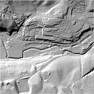 Shaded relief map of the ground around OL130LF, computed from Environment Agency LiDAR. The ground here sits at about 217 m above sea level and falls 58 m across the surrounding 800 m. Surface water reaching this point runs off ground lying to the north-north-east, 31.0 m higher.