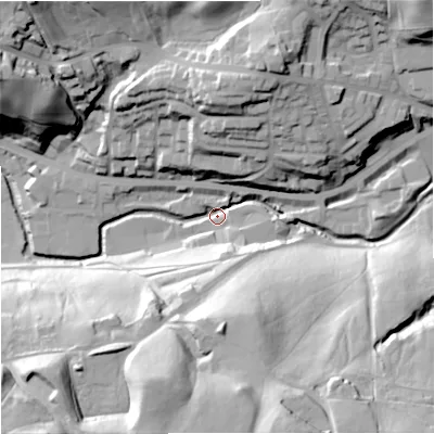 Shaded relief map of the ground around OL130LQ, computed from Environment Agency LiDAR. The ground here sits at about 216 m above sea level and falls 59 m across the surrounding 800 m. Surface water reaching this point runs off ground lying to the south-south-east, 50.6 m higher.