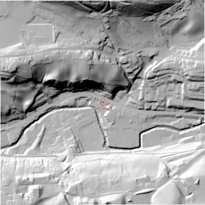 Shaded relief map of the ground around OL130NB, computed from Environment Agency LiDAR. The ground here sits at about 212 m above sea level and falls 79 m across the surrounding 800 m. Surface water reaching this point runs off ground lying to the north, 69.9 m higher.