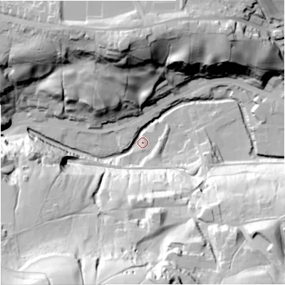 Shaded relief map of the ground around OL130NL, computed from Environment Agency LiDAR. The ground here sits at about 207 m above sea level and falls 80 m across the surrounding 800 m. Surface water reaching this point runs off ground lying to the south, 76.4 m higher.