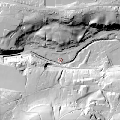 Shaded relief map of the ground around OL130NP, computed from Environment Agency LiDAR. The ground here sits at about 206 m above sea level and falls 84 m across the surrounding 800 m. Surface water reaching this point runs off ground lying to the south-south-east, 79.6 m higher.