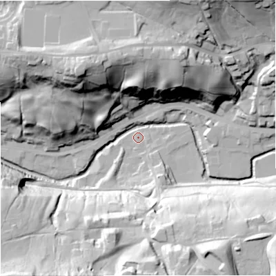 Shaded relief map of the ground around OL130NR, computed from Environment Agency LiDAR. The ground here sits at about 208 m above sea level and falls 61 m across the surrounding 800 m. Surface water reaching this point runs off ground lying to the south-south-east, 53.0 m higher.
