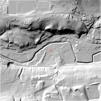 Shaded relief map of the ground around OL130NS, computed from Environment Agency LiDAR. The ground here sits at about 209 m above sea level and falls 67 m across the surrounding 800 m. Surface water reaching this point runs off ground lying to the south-south-east, 52.3 m higher.