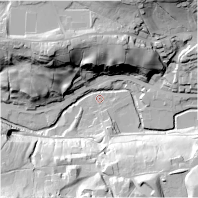 Shaded relief map of the ground around OL130NT, computed from Environment Agency LiDAR. The ground here sits at about 209 m above sea level and falls 61 m across the surrounding 800 m. Surface water reaching this point runs off ground lying to the south-south-east, 52.7 m higher.