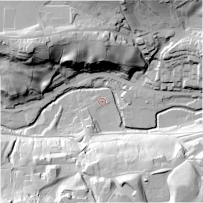 Shaded relief map of the ground around OL130NU, computed from Environment Agency LiDAR. The ground here sits at about 210 m above sea level and falls 61 m across the surrounding 800 m. Surface water reaching this point runs off ground lying to the south-south-east, 49.8 m higher.