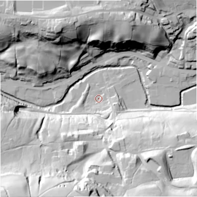 Shaded relief map of the ground around OL130PA, computed from Environment Agency LiDAR. The ground here sits at about 209 m above sea level and falls 80 m across the surrounding 800 m. Surface water reaching this point runs off ground lying to the south-east, 14.1 m higher.