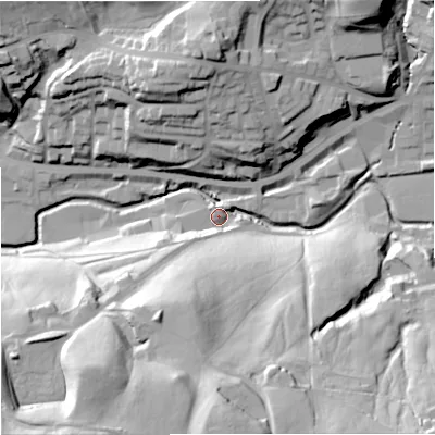 Shaded relief map of the ground around OL130PZ, computed from Environment Agency LiDAR. The ground here sits at about 220 m above sea level and falls 57 m across the surrounding 800 m. Surface water reaching this point runs off ground lying to the south, 50.3 m higher.