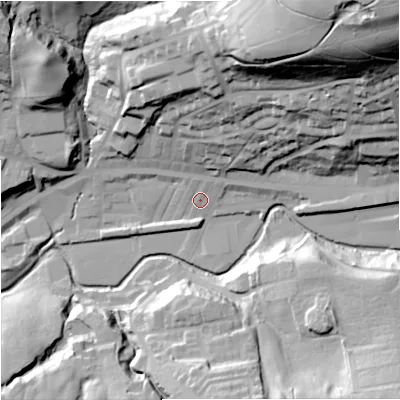 Shaded relief map of the ground around OL130TT, computed from Environment Agency LiDAR. The ground here sits at about 226 m above sea level and falls 86 m across the surrounding 800 m. Surface water reaching this point runs off ground lying to the north-north-east, 16.3 m higher.