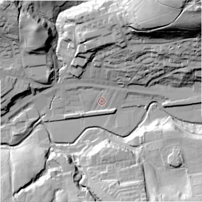 Shaded relief map of the ground around OL130TX, computed from Environment Agency LiDAR. The ground here sits at about 225 m above sea level and falls 86 m across the surrounding 800 m. Surface water reaching this point runs off ground lying to the north-east, 79.9 m higher.