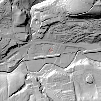 Shaded relief map of the ground around OL130TY, computed from Environment Agency LiDAR. The ground here sits at about 224 m above sea level and falls 85 m across the surrounding 800 m. Surface water reaching this point runs off ground lying to the north-east, 78.9 m higher.