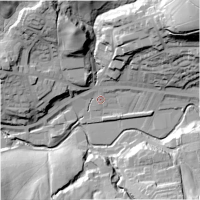 Shaded relief map of the ground around OL130UA, computed from Environment Agency LiDAR. The ground here sits at about 225 m above sea level and falls 79 m across the surrounding 800 m. Surface water reaching this point runs off ground lying to the north-east, 64.5 m higher.