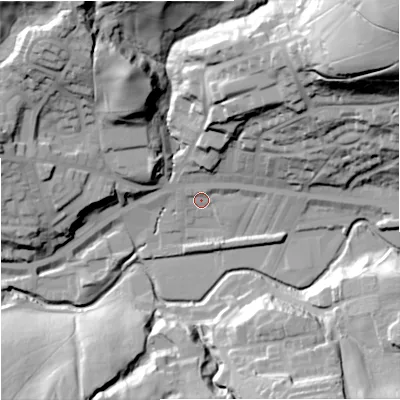 Shaded relief map of the ground around OL130UB, computed from Environment Agency LiDAR. The ground here sits at about 225 m above sea level and falls 83 m across the surrounding 800 m. Surface water reaching this point runs off ground lying to the north-east, 30.5 m higher.