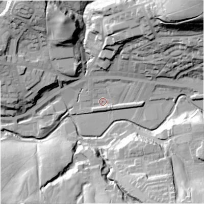 Shaded relief map of the ground around OL130UD, computed from Environment Agency LiDAR. The ground here sits at about 224 m above sea level and falls 78 m across the surrounding 800 m. Surface water reaching this point runs off ground lying to the north-east, 71.6 m higher.