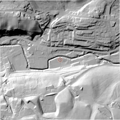 Shaded relief map of the ground around OL130UF, computed from Environment Agency LiDAR. The ground here sits at about 214 m above sea level and falls 60 m across the surrounding 800 m. Surface water reaching this point runs off ground lying to the north-east, 35.8 m higher.