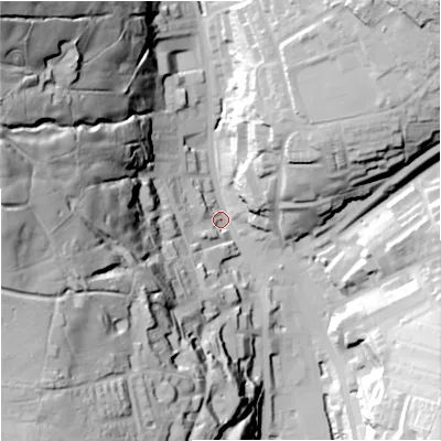 Shaded relief map of the ground around OL138AB, computed from Environment Agency LiDAR. The ground here sits at about 253 m above sea level and falls 92 m across the surrounding 800 m. Surface water reaching this point runs off ground lying to the north-west, 85.9 m higher.