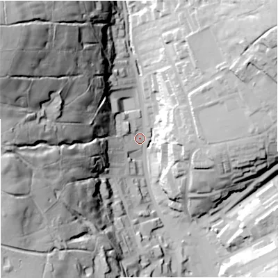 Shaded relief map of the ground around OL138AE, computed from Environment Agency LiDAR. The ground here sits at about 257 m above sea level and falls 95 m across the surrounding 800 m. Surface water reaching this point runs off ground lying to the north-west, 88.7 m higher.