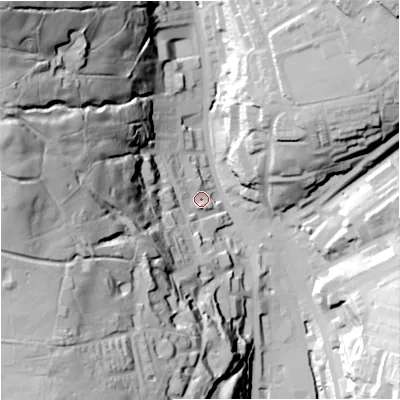 Shaded relief map of the ground around OL138AN, computed from Environment Agency LiDAR. The ground here sits at about 258 m above sea level and falls 95 m across the surrounding 800 m. Surface water reaching this point runs off ground lying to the west, 75.9 m higher.