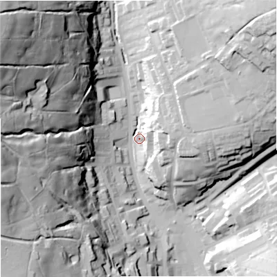 Shaded relief map of the ground around OL138AW, computed from Environment Agency LiDAR. The ground here sits at about 257 m above sea level and falls 91 m across the surrounding 800 m. Surface water reaching this point runs off ground lying to the north-west, 86.8 m higher.