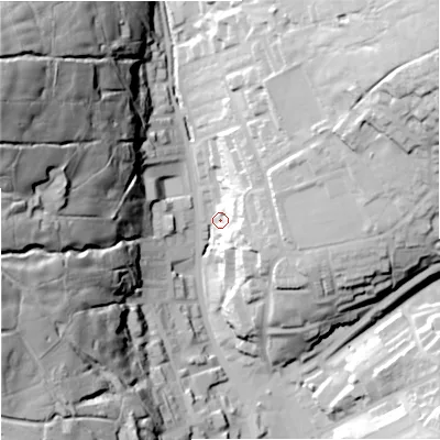 Shaded relief map of the ground around OL138BN, computed from Environment Agency LiDAR. The ground here sits at about 260 m above sea level and falls 88 m across the surrounding 800 m. Surface water reaching this point runs off ground lying to the east-south-east, 20.5 m higher.