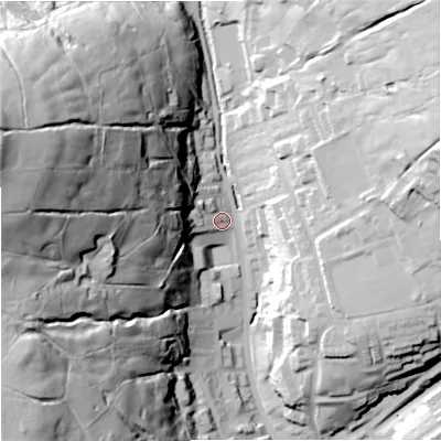 Shaded relief map of the ground around OL138BP, computed from Environment Agency LiDAR. The ground here sits at about 262 m above sea level and falls 99 m across the surrounding 800 m. Surface water reaching this point runs off ground lying to the west-north-west, 92.3 m higher.