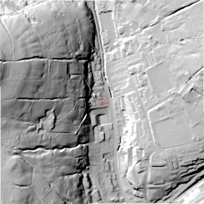 Shaded relief map of the ground around OL138BS, computed from Environment Agency LiDAR. The ground here sits at about 263 m above sea level and falls 100 m across the surrounding 800 m. Surface water reaching this point runs off ground lying to the west-north-west, 90.6 m higher.