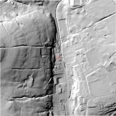 Shaded relief map of the ground around OL138DB, computed from Environment Agency LiDAR. The ground here sits at about 263 m above sea level and falls 102 m across the surrounding 800 m. Surface water reaching this point runs off ground lying to the west, 94.8 m higher.
