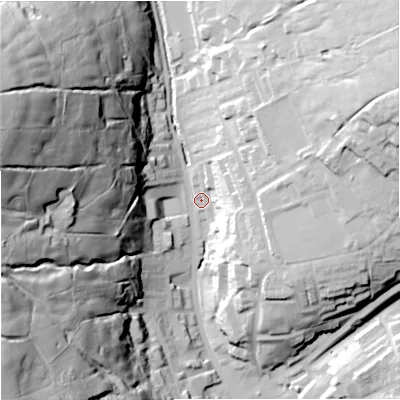Shaded relief map of the ground around OL138EN, computed from Environment Agency LiDAR. The ground here sits at about 258 m above sea level and falls 91 m across the surrounding 800 m. Surface water reaching this point runs off ground lying to the west-north-west, 84.7 m higher.