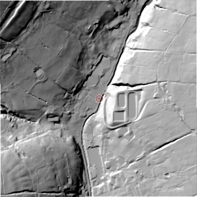 Shaded relief map of the ground around OL138PQ, computed from Environment Agency LiDAR. The ground here sits at about 269 m above sea level and falls 103 m across the surrounding 800 m. Surface water reaching this point runs off ground lying to the north-north-west, 63.9 m higher.