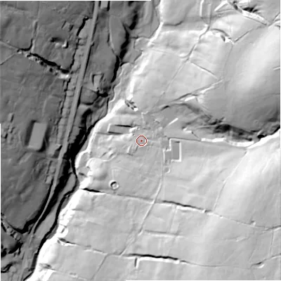 Shaded relief map of the ground around OL138PU, computed from Environment Agency LiDAR. The ground here sits at about 305 m above sea level and falls 95 m across the surrounding 800 m. Surface water reaching this point runs off ground lying to the east-south-east, 62.0 m higher.
