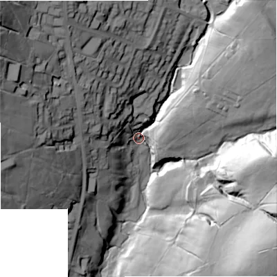 Shaded relief map of the ground around OL138QB, computed from Environment Agency LiDAR. The ground here sits at about 305 m above sea level and falls 81 m across the surrounding 800 m. Surface water reaching this point runs off ground lying to the north-north-west, 48.1 m higher.