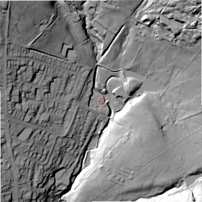 Shaded relief map of the ground around OL138RY, computed from Environment Agency LiDAR. The ground here sits at about 322 m above sea level and falls 82 m across the surrounding 800 m. Surface water reaching this point runs off ground lying to the north-east, 58.1 m higher.