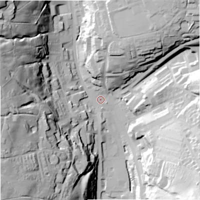 Shaded relief map of the ground around OL139AA, computed from Environment Agency LiDAR. The ground here sits at about 252 m above sea level and falls 73 m across the surrounding 800 m. Surface water reaching this point runs off ground lying to the north-west, 66.7 m higher.