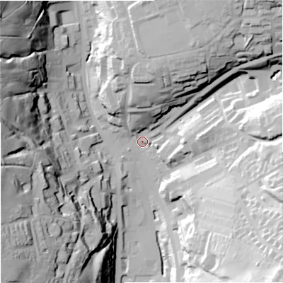 Shaded relief map of the ground around OL139AE, computed from Environment Agency LiDAR. The ground here sits at about 252 m above sea level and falls 66 m across the surrounding 800 m. Surface water reaching this point runs off ground lying to the north-north-east, 24.3 m higher.