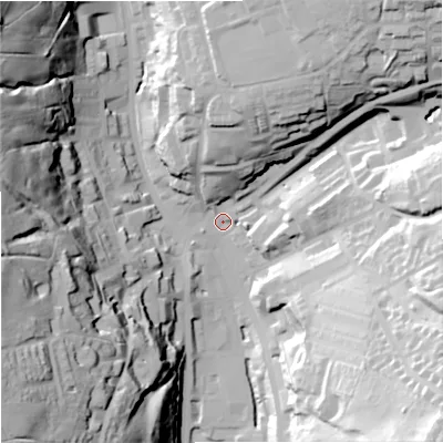 Shaded relief map of the ground around OL139AG, computed from Environment Agency LiDAR. The ground here sits at about 252 m above sea level and falls 67 m across the surrounding 800 m. Surface water reaching this point runs off ground lying to the south-west, 60.9 m higher.