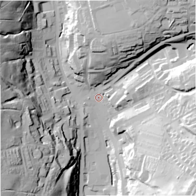 Shaded relief map of the ground around OL139AH, computed from Environment Agency LiDAR. The ground here sits at about 252 m above sea level and falls 66 m across the surrounding 800 m. Surface water reaching this point runs off ground lying to the west-south-west, 61.4 m higher.