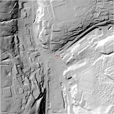 Shaded relief map of the ground around OL139AQ, computed from Environment Agency LiDAR. The ground here sits at about 251 m above sea level and falls 66 m across the surrounding 800 m. Surface water reaching this point runs off ground lying to the west-south-west, 59.6 m higher.
