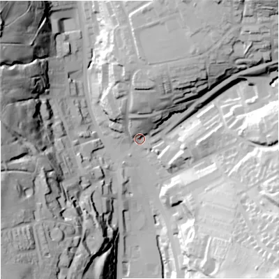 Shaded relief map of the ground around OL139AR, computed from Environment Agency LiDAR. The ground here sits at about 253 m above sea level and falls 67 m across the surrounding 800 m. Surface water reaching this point runs off ground lying to the north-north-east, 24.2 m higher.