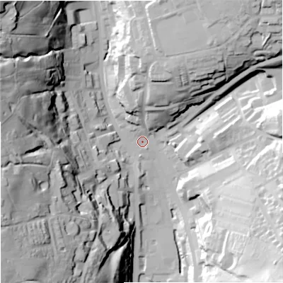 Shaded relief map of the ground around OL139AS, computed from Environment Agency LiDAR. The ground here sits at about 252 m above sea level and falls 72 m across the surrounding 800 m. Surface water reaching this point runs off ground lying to the west-south-west, 65.8 m higher.