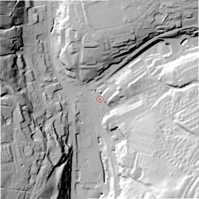 Shaded relief map of the ground around OL139AW, computed from Environment Agency LiDAR. The ground here sits at about 252 m above sea level and falls 64 m across the surrounding 800 m. Surface water reaching this point runs off ground lying to the east, 5.2 m higher.