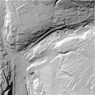 Shaded relief map of the ground around OL139BB, computed from Environment Agency LiDAR. The ground here sits at about 266 m above sea level and falls 63 m across the surrounding 800 m. Surface water reaching this point runs off ground lying to the east, 16.7 m higher.