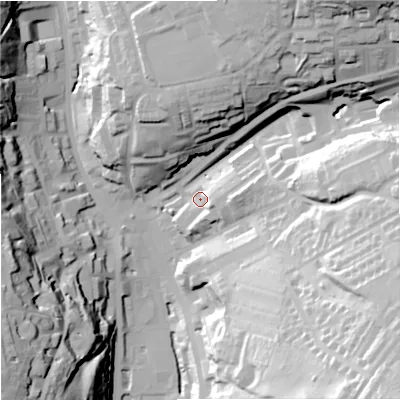 Shaded relief map of the ground around OL139BD, computed from Environment Agency LiDAR. The ground here sits at about 256 m above sea level and falls 61 m across the surrounding 800 m. Surface water reaching this point runs off ground lying to the east-south-east, 8.4 m higher.