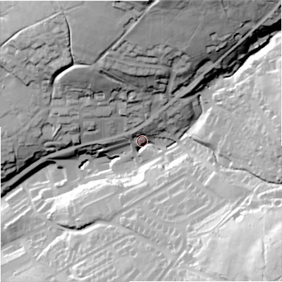 Shaded relief map of the ground around OL139ED, computed from Environment Agency LiDAR. The ground here sits at about 274 m above sea level and falls 83 m across the surrounding 800 m. Surface water reaching this point runs off ground lying to the south-east, 69.2 m higher.
