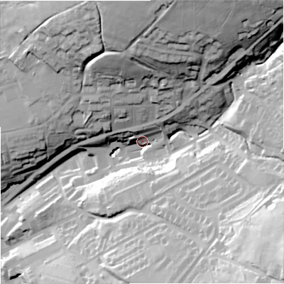 Shaded relief map of the ground around OL139EF, computed from Environment Agency LiDAR. The ground here sits at about 268 m above sea level and falls 77 m across the surrounding 800 m. Surface water reaching this point runs off ground lying to the south-east, 66.0 m higher.